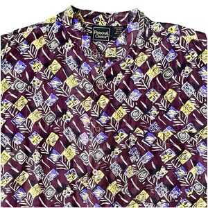Vintage Men 100% Silk‎ Shirt Abstract Geometric Print Short Sleeve Button Up Lg